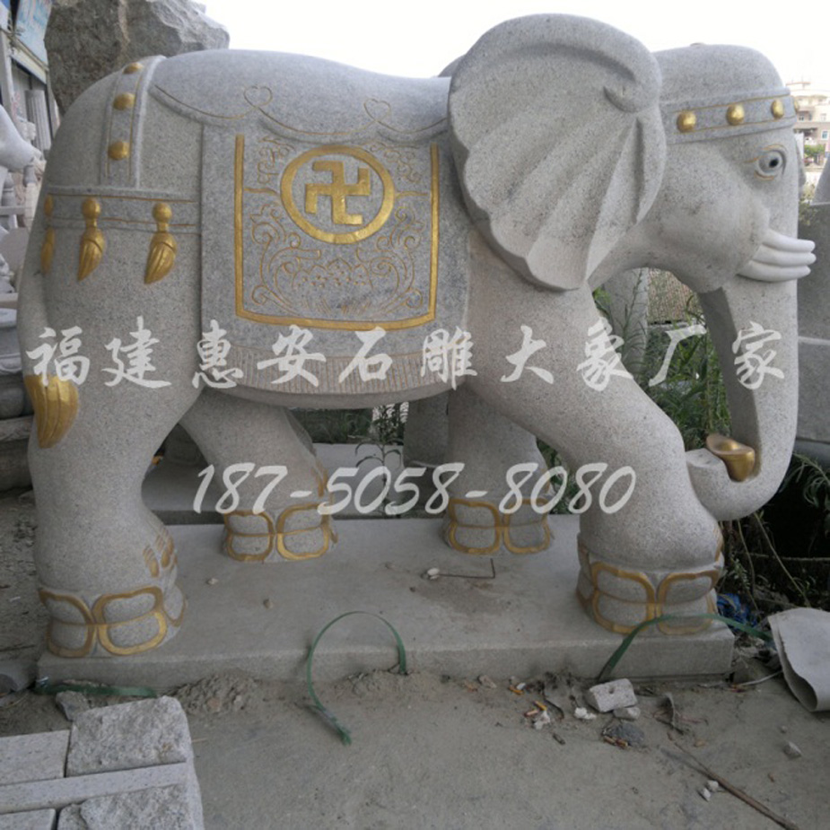 镶金卍字图形六牙石雕大象，佛教寺庙适用